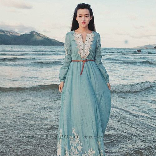 刺繡宮廷復(fù)古收腰長裙